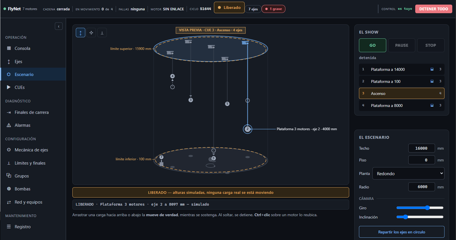 La vista del escenario: un cilindro visto en perspectiva con
                  siete motores colgando del techo, cada carga a su altura,
                  los discos de límite superior e inferior marcados en línea
                  de puntos, y a la derecha la lista de CUEs del show con los
                  botones GO, PAUSE y STOP.